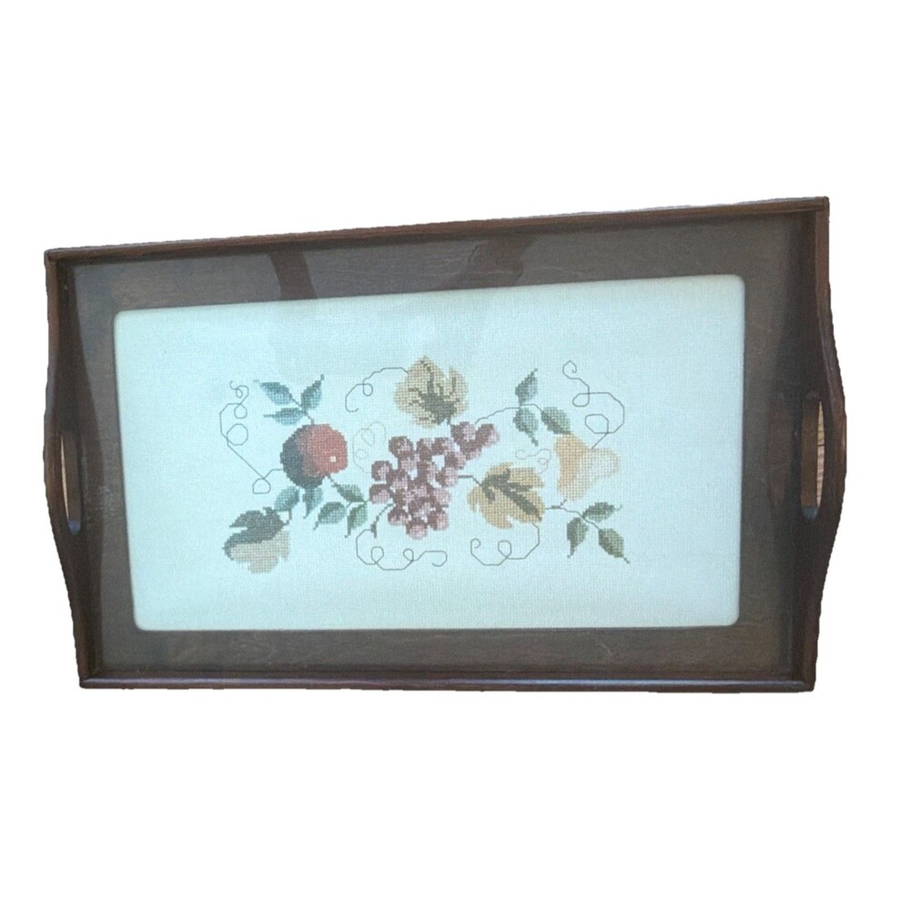 Vintage needlepoint tray with dark brown wood finish and fruit design